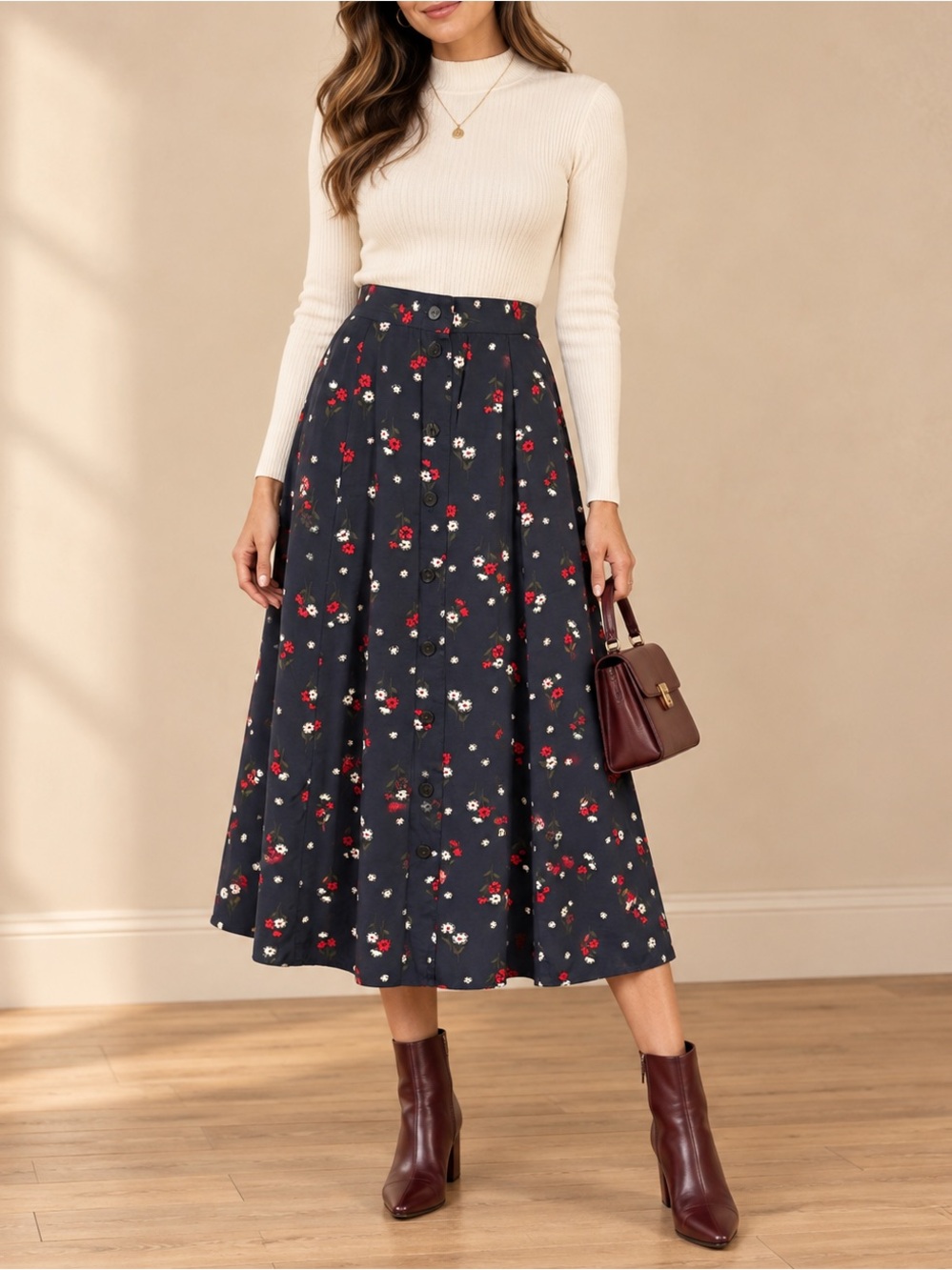 Sag Harbor Black Floral Button Front Midi Skirt Medium